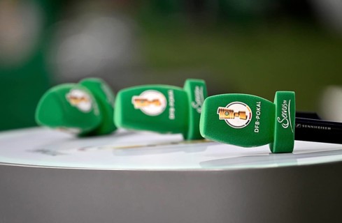 Microphones, microphones with DFB Cup logo lying on presentation table, semi-final, DFB Cup,