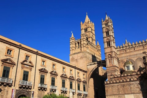 City of Palermo, the Cathedral Maria Santissima Assunta, on the left the building of the Museo