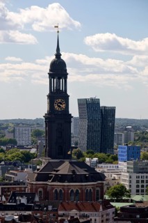 City view from above with the main church St Michaelis, called Michel, and the Dancing Towers,