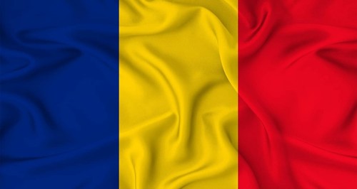 Realistic Romania flag waving. Close up of flag of Romania with cloth texture
