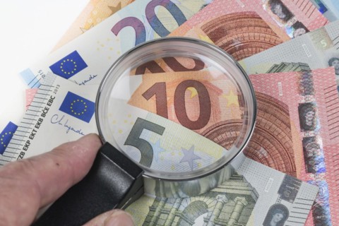 Symbol photo counterfeit money, magnifying glass, check, euro