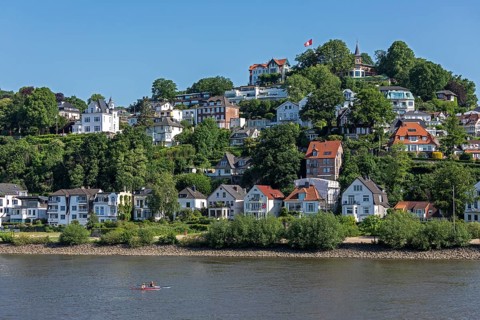 Houses, hills, Süllberg, canoe, Blankenese, Hamburg, Germany