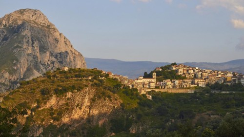 Evening light, mountain, village on hill, Militello Rosmarino, village, Nebrodi National Park,