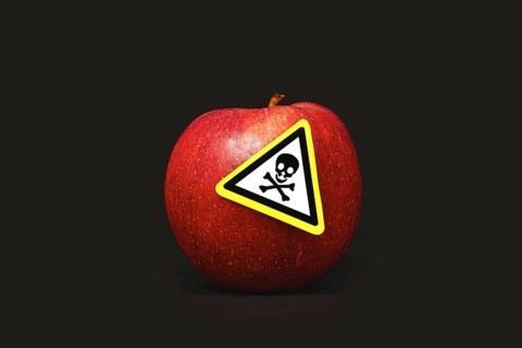 Concept for pesticide residues in agricultural food products dangerous to humans. A red apple with