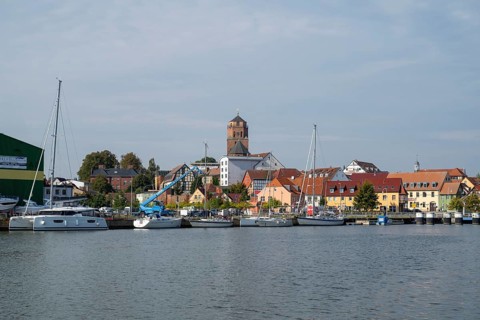 View of the town with St Peter's Church and the Peene River, Wolgast, Usedom Island,