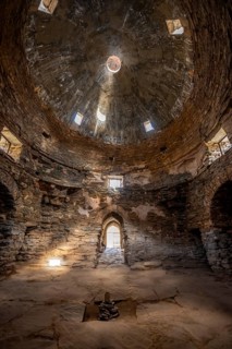 Interior view, interior of the historic caravanserai Tash Rabat from the 15th century, Naryn