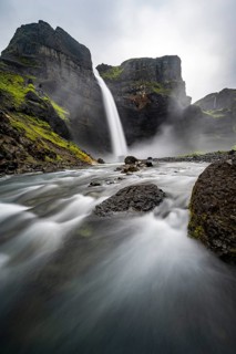 Haifoss and Granni waterfall at a canyon, Fossá í Þjórsárdal, with river í Þjórsárdal, long