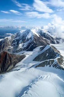 Mountains with snow and glaciers, aerial view, Alaska Range, Denali National Park, Alaska, USA