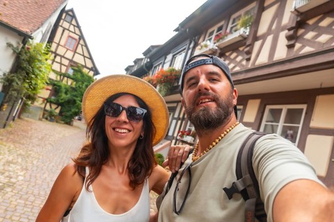 Selfie of a couple in the medieval village in the old town of Gengenbach in the Black Forest,