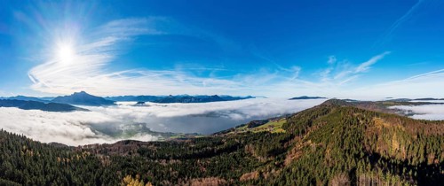 Drone shot, sea of fog in Mondseeland, Mondsee, Salzkammergut, Upper Austria, Austria
