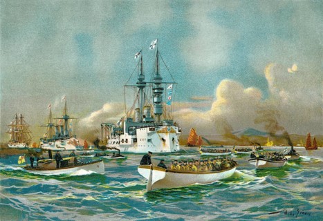 The occupation of Kiautschou, China by German troops, 1897, historic painting by Willy Stoewer, Die