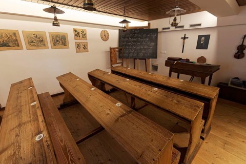 Classroom of a village school around 1830, replica with original school desks, Friedrichshafen