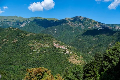 View from Triora over the Ligurian Alps and Corte above Molini di Triora, Province of Imperia,