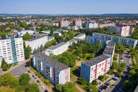 Town view from above with new development area Dresdner Straße and grammar school, Coswig, Saxony,