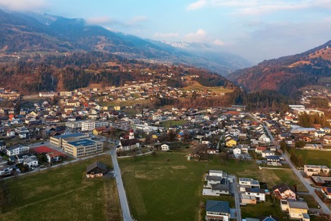 Drone image, residential buildings, settlement area, parish church, Thuringia, Großes Walsertal,
