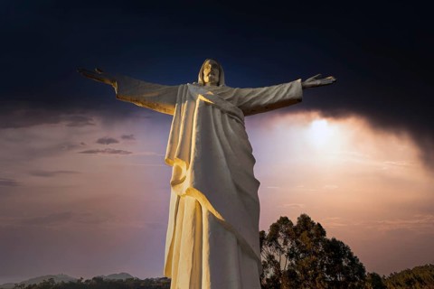 Peru. White Jesus Christ lookout, scenic panoramic view of Cusco from Christo Blanco viewpoint