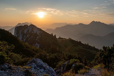 Morning atmosphere with backlight at sunrise in the Eastern Chiemgau Alps nature reserve with