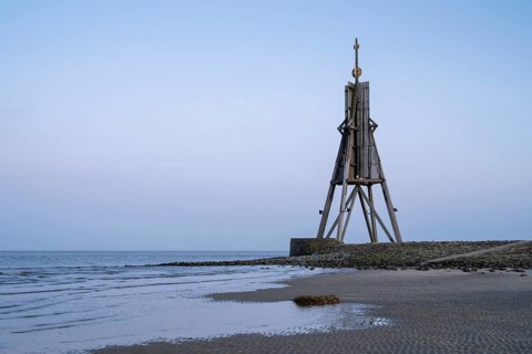 Kugelbake, landmark, twilight, low tide, North Sea, Lower Saxony Wadden Sea National Park,