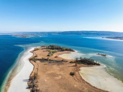 Aerial view of the Mettnau peninsula near Radolfzell on Lake Constance at low tide, the island of