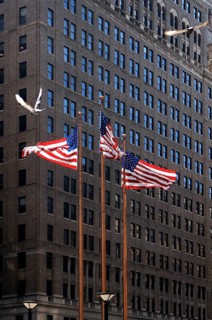 Waving US flags in front of a skyscraper, New York City, USA