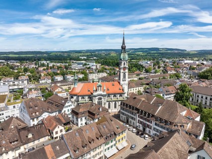 Aerial view, townscape, town centre, old town of Frauenfeld, with the town church of St. Nicholas,