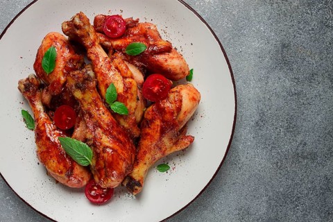 Fried chicken legs, in soy sauce, spices, herbs, top view, homemade
