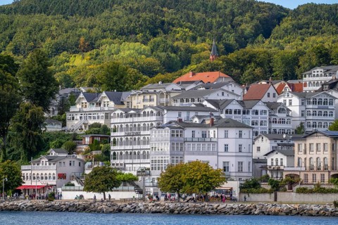 View of the old town of Sassnitz, harbour town on the Baltic Sea island of Rügen, spa architecture,