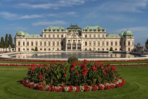 Palace gardens and the Upper Belvedere Palace in Vienna, Austria