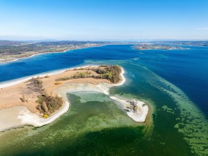 Aerial view of the Mettnau peninsula at low tide, on the right on the horizon the island of