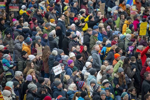 Demonstration against the right, people protest against right-wing extremism and in favour of