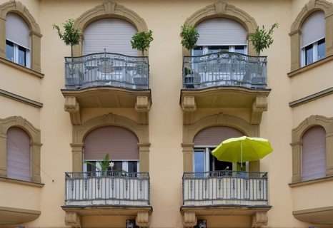 Balconies of the former Hotel Krosse, now a residential and commercial building, built in Baroque