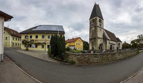 Drone image, view of village with parish church, Oftering, Hausruckviertel, Upper Austria, Austria
