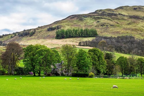 Farm and mountains, Loch Earn, Southern Highlands, Scotland, United Kingdom