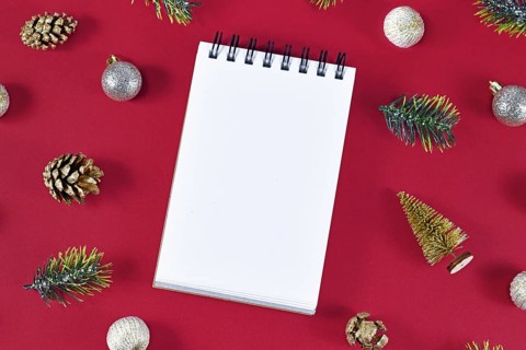 Empty notebook surrounded by seasonal decoration like golden fir cones, fir branches and Christmas