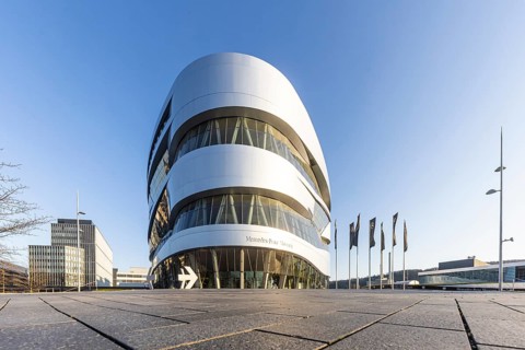 Mercedes Museum, on the left the headquarters of the Mercedes Benz Group. Stuttgart,