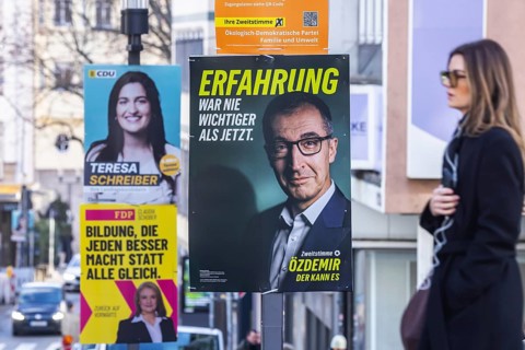 2026 state election in Baden-Württemberg. Election advertising in the city center of Stuttgart.