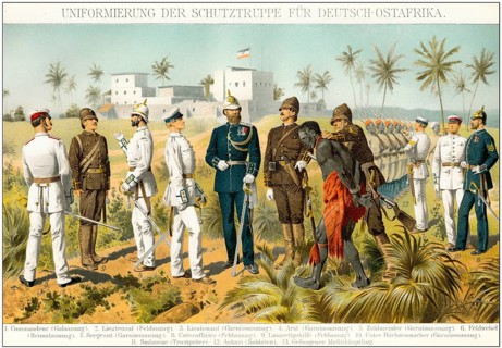Historical illustration, 1894, uniforms of Imperial German colonial soldiers in East Africa,