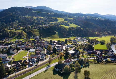 Drone image, residential buildings, view of the village, Pruggern, Ennstal, Styria, Austria