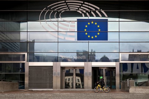 Entrance to the Altiero Spinelli building with the logo of the European Parliament, Brussels,