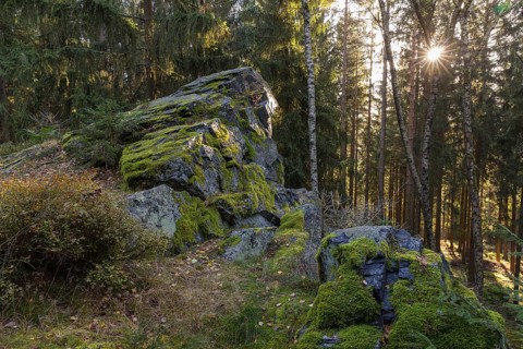Schwarzer Stein rock formation with Versteinerter Mönch rock formation east of Grünbach in
