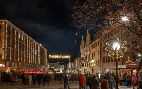Christmas lighting at the entrance to the Christkindlesmarkt, Nuremberg, Middle Franconia, Bavaria,