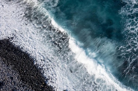 Waves on the beach, turquoise sea and black pebble beach, aerial view, La Gomera, Canary Islands,