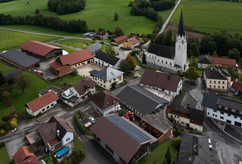 Drone shot, view of village with church, Sankt Marienkirchen am Hausruck, Hausruckviertel, Upper