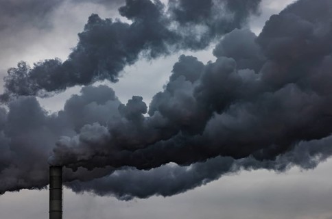 Pollution, industry, smoke pouring out of a factory chimney, Lenzing, Upper Austria, Austria