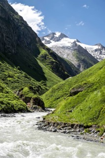 View of Großer Schober and Rötspitze, river Isel in Umbaltal, Hohe Tauern National Park, East