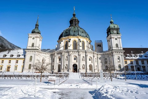 Ettal Abbey, baroque Benedictine abbey, inner courtyard with snow in winter, Ettal, Upper Bavaria,