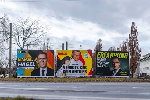 Election advertising for the 2026 state election in Baden-Württemberg. Large posters of the Green