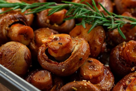 Fried mushrooms, with spices, in soy sauce, vegetarian food, homemade, no people