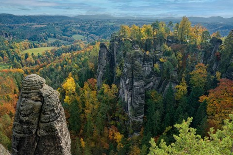 View from the Ferdinandstein to the rock castle Neurathen, Bastei, Lohmen, Saxon Switzerland, Elbe
