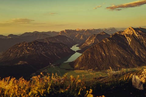 Thaneller summit at sunset in the Lechtal valley in Tyrol with a wonderful view of the surrounding